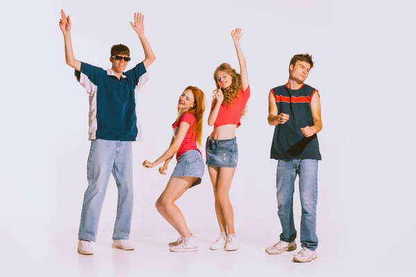 Group Young Cheerful Stylish People Dancing Isolated Grey Background Disco — Fotografia de Stock