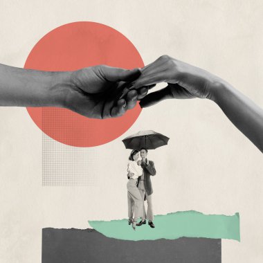 Contemporary art collage. Cute young people, man and woman, loving couple walking together under umbrella. Autumn date. Concept of romance, proposal, love, relationship, creativity, youth