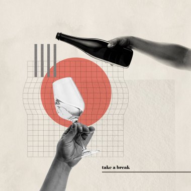 Contemporary art collage. Conceptual image. Two hands image. Wine pouring into glass. Degustation. Retro design. Take a break and drink wine. Concept of holiday, alcoholic drink, winery, artwork