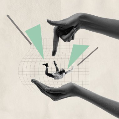 Contemporary art collage. Conceptual image of young woman falling down under social pressure. Mental health issues. Concept of psychology, manipulation, stress, depression, challenge