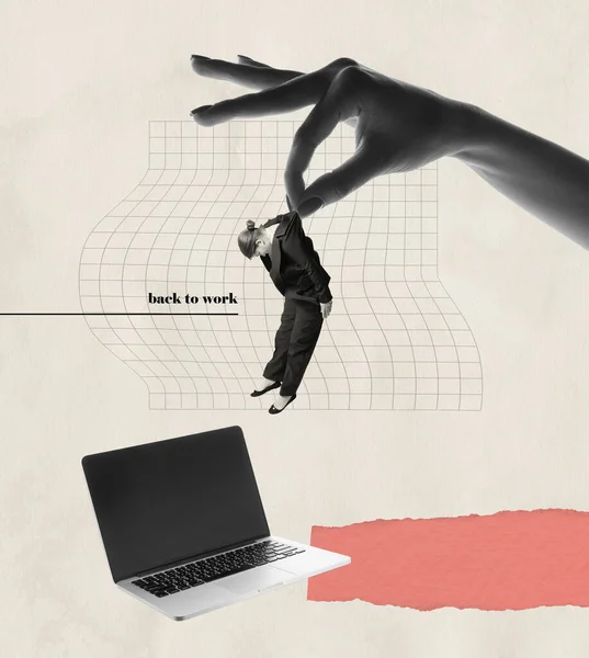 Contemporary Art Collage Iant Female Hand Holding Girl Employee Laptop — стоковое фото