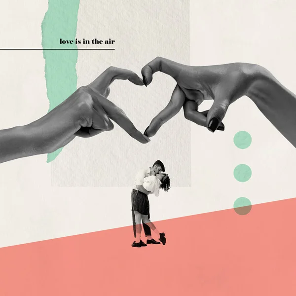 Contemporary Art Collage Beautiful Loving Couple Hugging Kissing Hands Making — стоковое фото