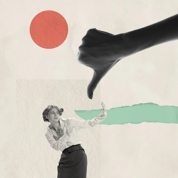 Contemporary Art Collage Conceptual Image Female Hand Showing Gesture Dislike — 图库照片