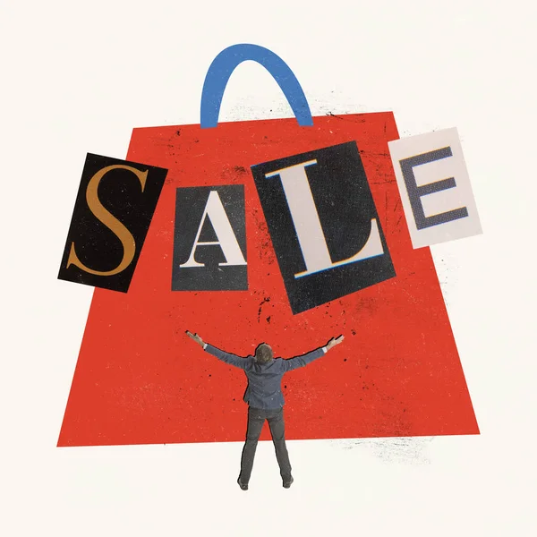 Contemporary art collage. Happy and excited man widely raising hands in front of giant shopping bag. Sales. Concept of shopping, Black Friday, big sales, buying products. Copy space for ad, poster