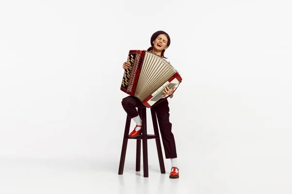 Portrait Talented Beautiful Woman Playing Accordion Isolated White Studio Background — Foto de Stock