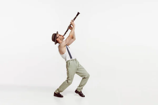 Portrait Young Man Playing Clarinet Isolated White Studio Background Stylish — 图库照片