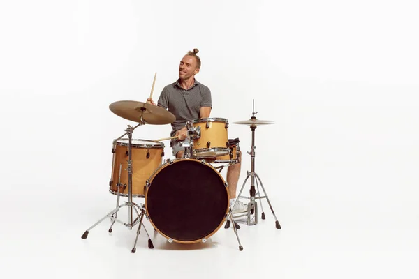 Portrait Funny Emotive Man Playing Drums Performing Isolated White Background — Foto de Stock