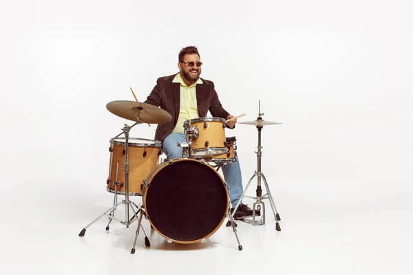 Portrait Stylish Brutal Man Jacket Sunglasses Playing Drums Isolated White — Foto de Stock