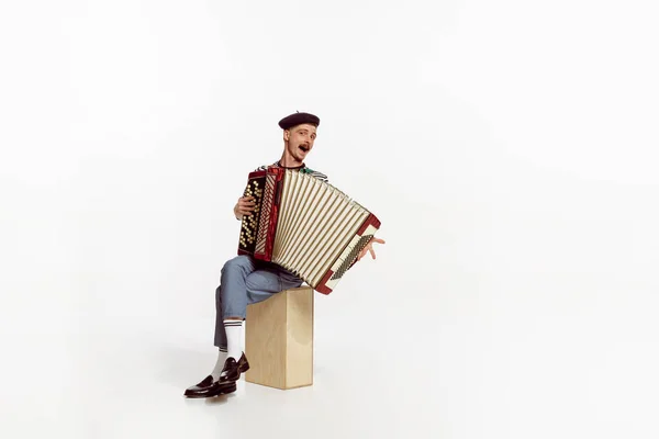 Portrait Young Man Playing Accordion Posing Isolated White Studio Background — Stock Fotó