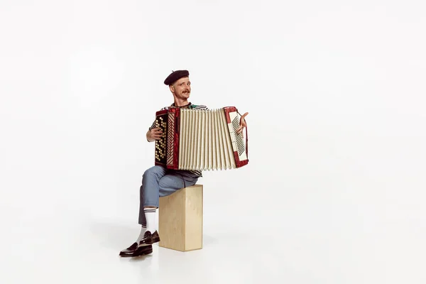 Portrait Young Emotive Man Playing Accordion Posing Isolated White Studio — Stock Fotó