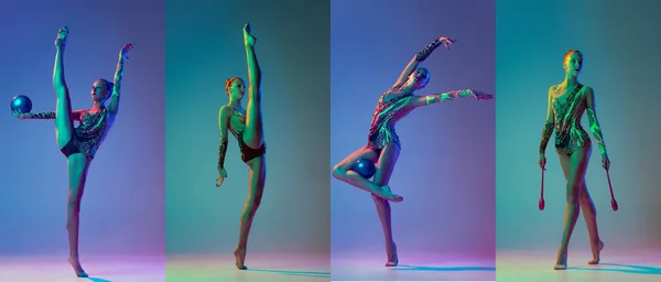 Collage Retratos Cuerpo Entero Una Joven Deportista Gimnasta Rítmica Femenina — Foto de Stock