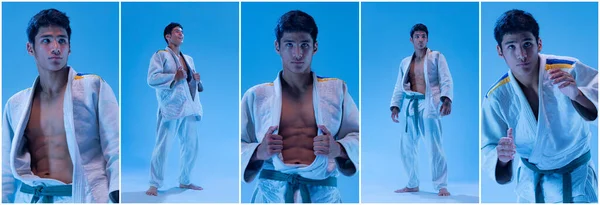 Kolaż Portret Młodego Muskularnego Mężczyzny Sportowca Sportowego Białym Kimono Odizolowanego — Zdjęcie stockowe