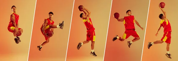 縦型コラージュ ネオンの光の中でオレンジ色の背景の上に隔離された運動中のスポーツ少年 バスケットボール選手の完全な長さの肖像画 健康的なライフスタイル スポーツ パワーと強さの概念 — ストック写真