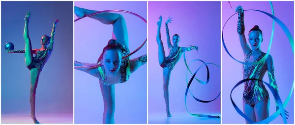 Collage Porträtt Ung Sportig Kvinna Kvinnliga Rytmiska Gymnast Utför Utbildning — Stockfoto