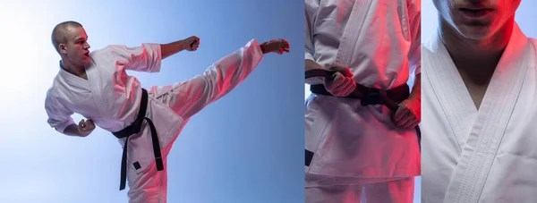 Collage of young man in white kimono practising, training martial arts, karate isolated on blue background in neon light. Concept of martial art, combat sport, energy, fit, strength, motivation and ad