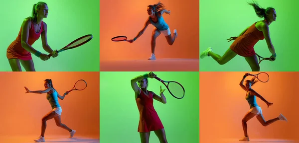 コラージュ ネオンライトで緑のオレンジのスタジオの背景に隔離された女性 プロのテニス選手のトレーニングの肖像画 スポーツ ライフスタイルの概念 広告のコピースペース — ストック写真