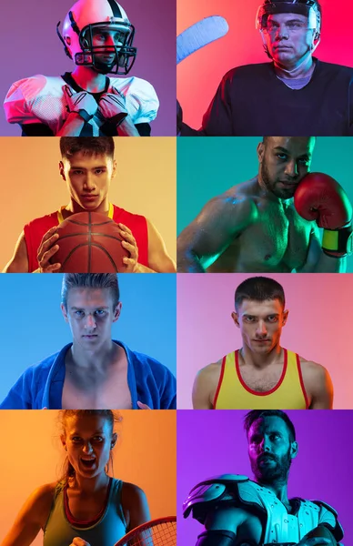Collage Retratos Cerca Jóvenes Deportistas Diferentes Atletas Deportivos Posando Sobre — Foto de Stock