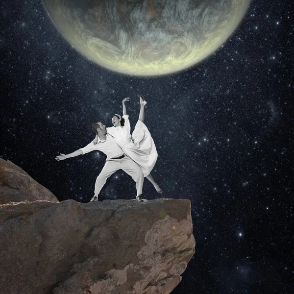 Contemporary art collage. Beautiful couple, man and woman in white clothes dancing on the cliff at starry night over big moon image. Concept of surreal design, creativity, love, relationship, nature