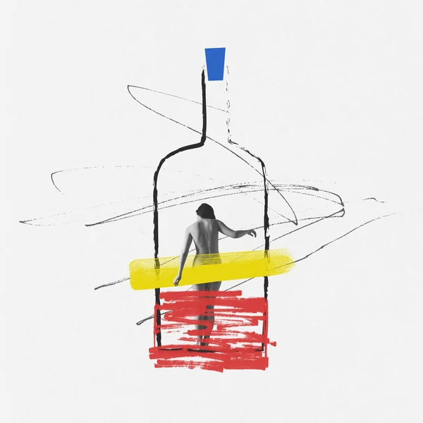 Conceptual design. Young naked woman standing into wine bottle. Addicted to drinking. Drawn elements. Wrong path. Concept of alcohol addiction, health problems, psychology, drinking habit