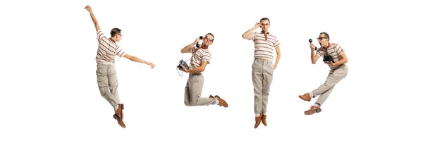 Collage Joven Con Ropa Retro Elegante Saltando Actuando Hablando Por —  Fotos de Stock