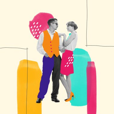 Çağdaş sanat kolajı. Genç bir adam ve bir kadın partide flört ediyorlar. Şık, parlak bir kıyafet. Yaratıcılık kavramı, gençlik yaşam tarzı, parti, retro, vintage, moda. İlan, metin için boşluk kopyala