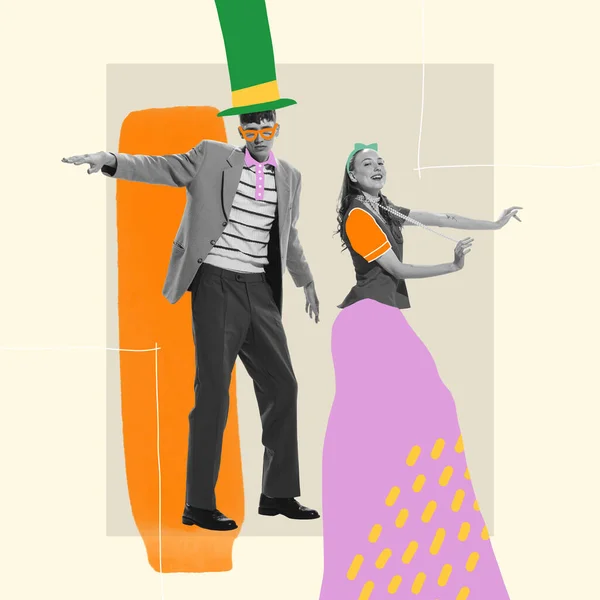 Contemporary art collage. Cheerful, stylish, young man and woman dancing at the party. Fun. Concept of creativity, youth lifestyle, party, retro, vintage, fashion. Bright design. Copy space for ad