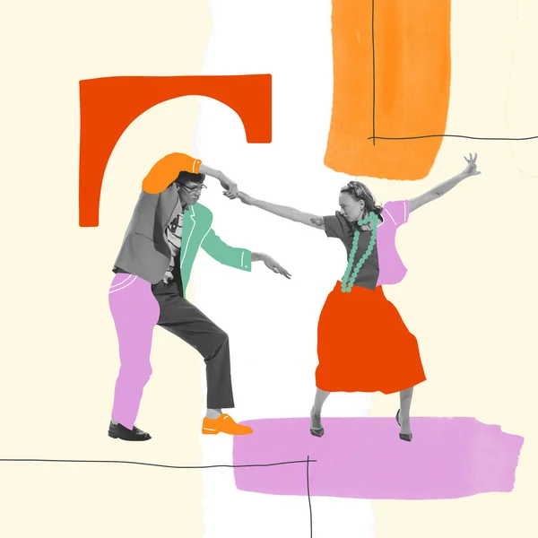Contemporary art collage. Expressive, stylish, young man and woman dancing at the party. Fun. Concept of creativity, youth lifestyle, party, retro, vintage, fashion. Bright design. Copy space for ad