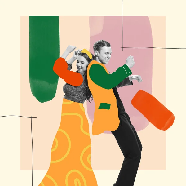 Contemporary art collage. Stylish young couple, man and woman dancing at the party. Fun. Concept of creativity, youth lifestyle, party, retro, vintage, fashion. Bright design. Copy space for ad, text