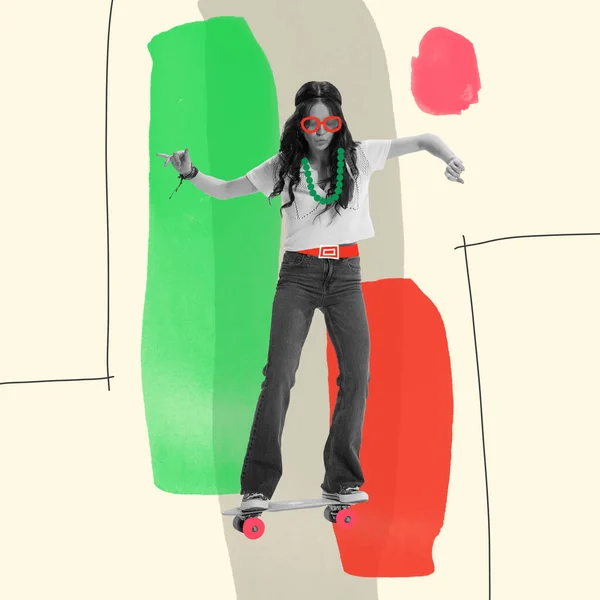 Collage Arte Contemporáneo Mujer Joven Con Estilo Bailando Posando Estilo — Foto de Stock