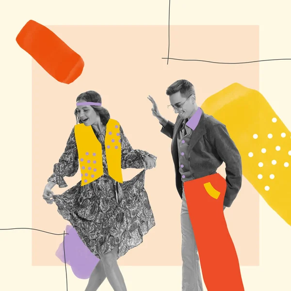 Contemporary artwork. Stylish young people, man and woman dancing, having fun. Hippie. Concept of creativity, youth lifestyle, party, retro, vintage, fashion. Bright design. Copy space for ad and text