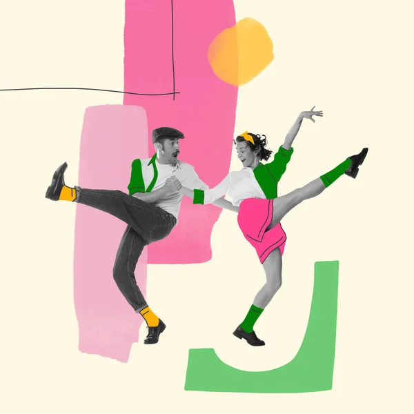Contemporary art collage. Stylish young people, man and woman dancing, having fun. Romantic. Concept of creativity, youth lifestyle, party, retro, vintage, fashion. Bright design. Copy space for ad