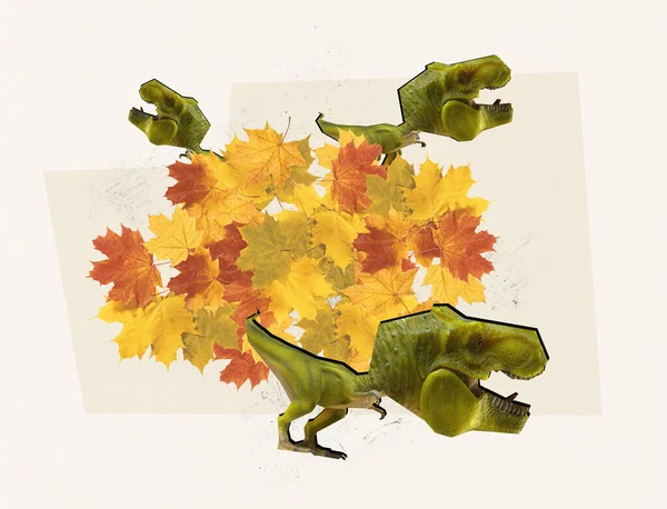 Collage Zeitgenössischer Kunst Abstraktes Surreales Design Mit Dinosauriern Bunte Herbstblätter — Stockfoto