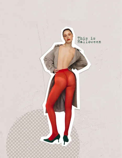 当代艺术拼贴 令人毛骨悚然的年轻姑娘背对着红色紧身衣摆姿势的形象 十月假日的概念万圣节创意设计传统广告 海报的复制空间 — 图库照片