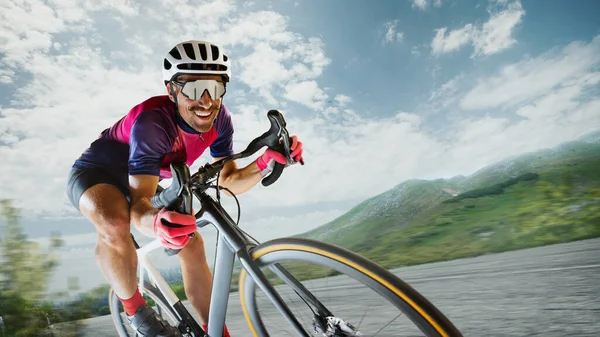 Portrait of cheerful man, professional cyclist in special uniform training, riding on sport bike around nature landscape. Concept of sport, lifestyle, health, outdoor training, speed development