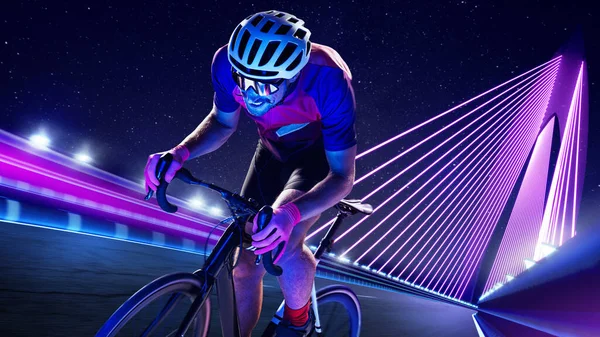 Портрет Человека Профессиональная Подготовка Велосипедиста Катание Мосту Фиолетовом Неоне Темном — стоковое фото