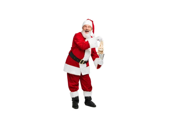 Portrait Senior Man Image Santa Claus Showing Tricks Rabbit Hat — Stock Photo, Image