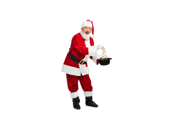 Portrait Senior Man Image Santa Claus Showing Tricks Rabbit Hat — Stock Photo, Image