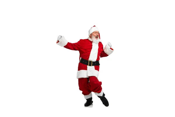 Retrato Hombre Mayor Imagen Santa Claus Bailando Alegremente Aislado Sobre —  Fotos de Stock