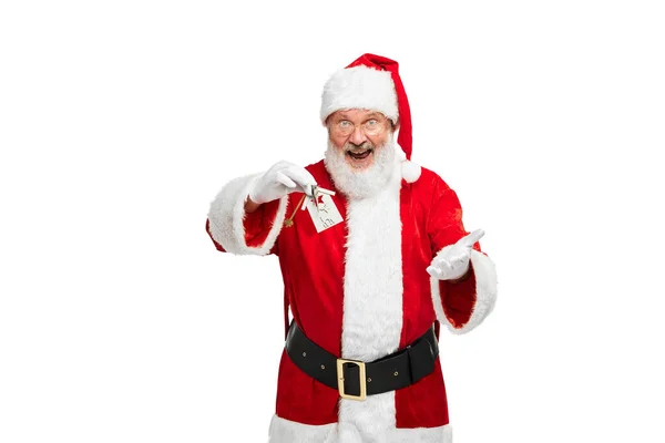 Retrato Homem Sênior Imagem Papai Noel Com Novas Chaves Apartamento — Fotografia de Stock
