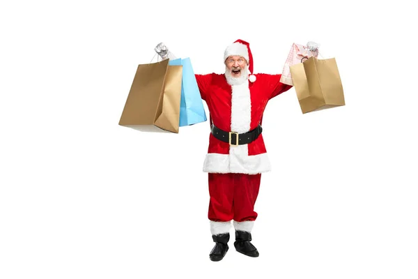 Retrato Homem Sênior Imagem Papai Noel Com Muitos Sacos Compras — Fotografia de Stock