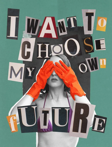 Contemporary art collage. Young girl covering eyes with hands. Making own choice. Independence. Freedom of life. Concept of femininity, womans rights, self-care, acceptance, social protection