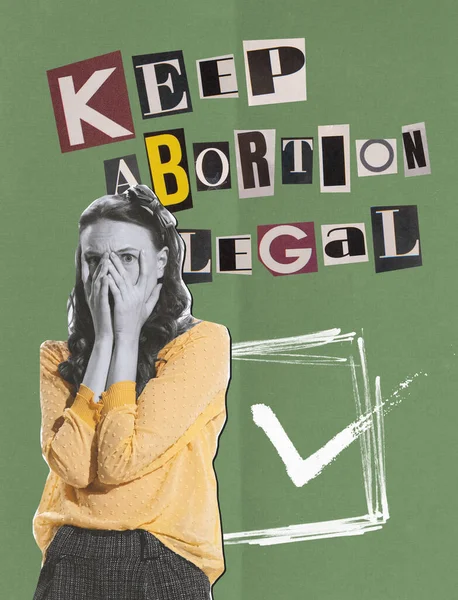 Contemporary art collage. Young girl looking through fingers. Keep abortion legal . Concept of femininity, womans rights, self-care, acceptance, social protection, health, slogan