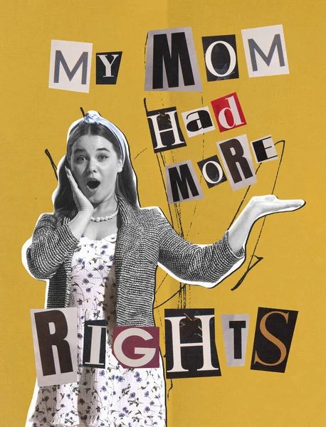 Contemporary art collage. Young beautiful woman talking about womens rights. Equality of gender. Concept of femininity, womans rights, self-care, acceptance, social protection