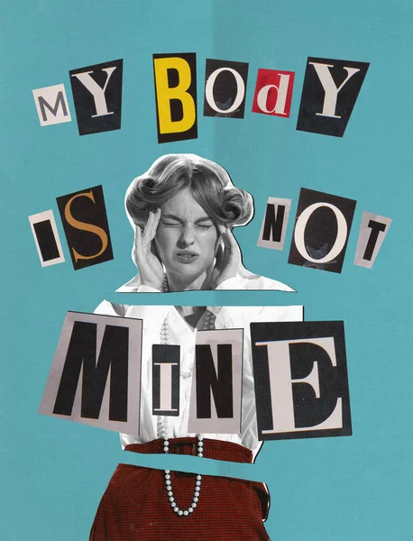 Contemporary art collage. Young woman holding head in shock and irritation. Body is womans own choice. Concept of femininity, womans rights, self-care, acceptance, social protection