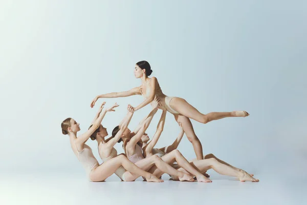 Group of young girls, ballet dancers performing, posing isolated over grey studio background. Rising girl upwards. Concept of art, beauty, aspiration, creativity, classic dance style, elegance