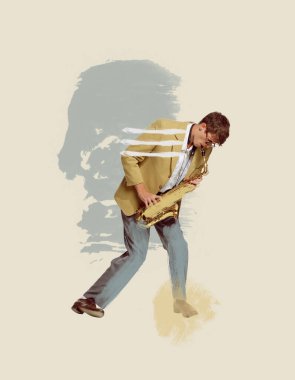 Çağdaş sanat kolajı. Sarı ceketli genç adam saksafon çalıyor. Pastel sanat. Etkileyici bir performans. Yaratıcılık kavramı, eski tarz, müzik yaşam tarzı, tasarım. İlan için boşluk kopyala, poster