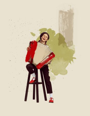 Çağdaş sanat kolajı. Akordeon çalıp şarkı söyleyen genç bir kadın. Canlı performans. Klasik müzik işte. Yaratıcılık kavramı, eski tarz, müzik yaşam tarzı, tasarım. İlan için boşluk kopyala, poster