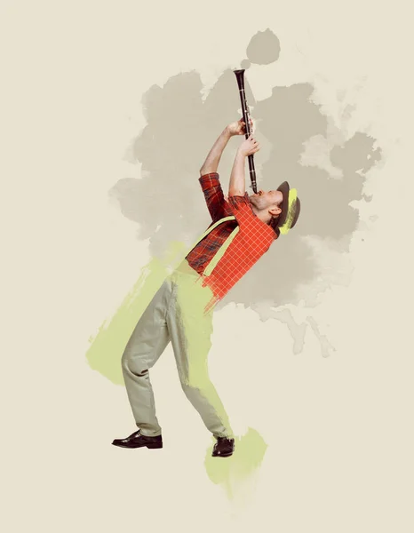 Коллаж Современного Искусства Молодой Человек Клетчатой Рубашке Играет Кларнете Пастельные — стоковое фото