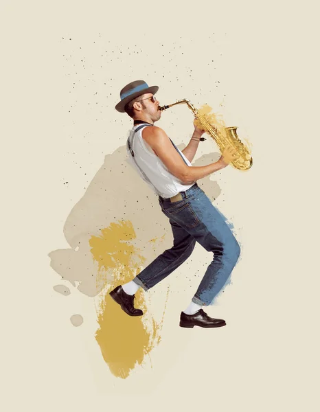 Collage Arte Contemporáneo Joven Elegante Hombre Tocando Saxofón Dibujos Pasteles — Foto de Stock