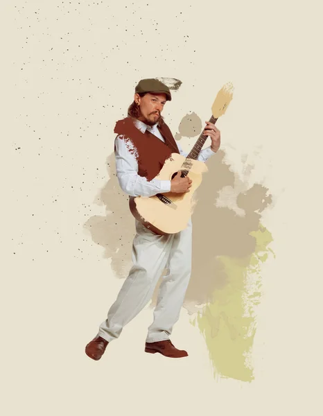 Colagem Arte Contemporânea Homem Elegante Terno Clássico Tocando Guitarra Que — Fotografia de Stock